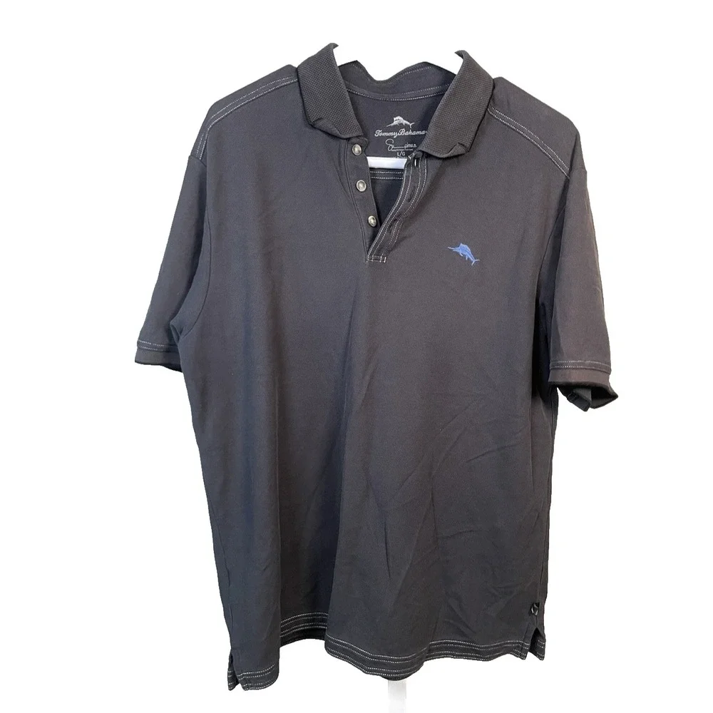 Tommy Bahama‎ Men's Polo Shirt Supima Pima Cotton Black Pique Golf Marlin Large